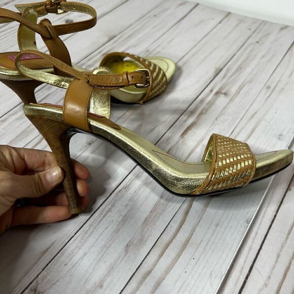 Isaac Mizrahi Isbelle Gold Tan Leather Woven Strap Heels - Picture 7 of 10
